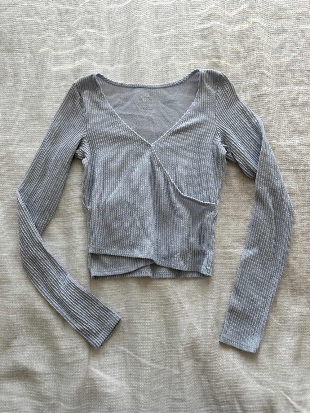 Hollister Light Blue Ribbed Wrap-Front Long Sleeve Top